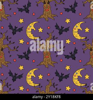 Modèle sans couture avec de mignons arbres de forêt maléfiques dessinés à la main Halloween et des demi-lunes avec le sourire Illustration de Vecteur