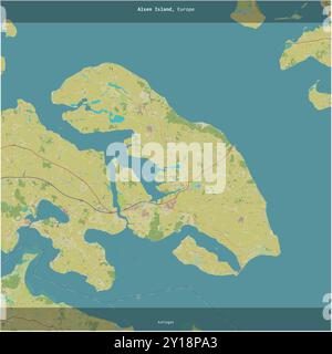 Île d'Alsen dans le Kattegat, appartenant au Danemark, coupée en carré sur une carte topographique de style humanitaire OSM Banque D'Images