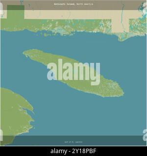 Île d'Anticosti dans le golfe du Saint-Laurent, appartenant au Canada, coupée en carré sur une carte topographique de style humanitaire OSM Banque D'Images
