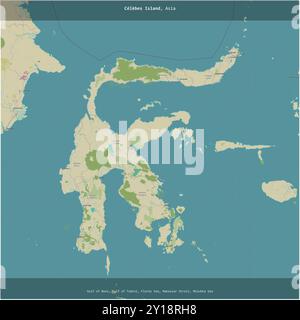 L'île des Célèbes dans la mer de Java, appartenant à l'Indonésie, coupée en carré sur une carte topographique de style humanitaire OSM Banque D'Images