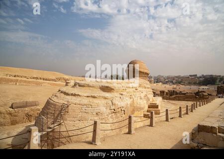 Portrait de Sphinx Egypte. Portrait du Grand Sphinx d'Égypte proche. Égypte, Giza. Vue latérale, vue arrière. Le Sphinx se penche sur la ville moderne du Caire. E Banque D'Images
