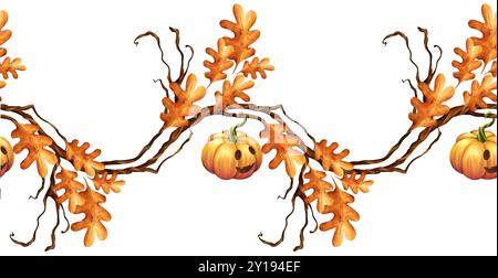 Bordure de citrouilles d'Halloween avec branches d'automne. Motif sans couture dessiné à la main isolé sur fond blanc Banque D'Images