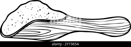 Farine dans une illustration vectorielle de cuillère en bois. Dessin de contour noir de Scoop avec pile de poudre de blé blanc sur fond isolé. Gravure dessinée à la main Illustration de Vecteur