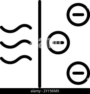 Icône vectorielle de l'ioniseur. Panneau de contour du débit d'air. Flux d'air contenant des particules chargées. Ions. Ions négatifs. Illustration du logo du symbole du purificateur. Simple Illustration de Vecteur