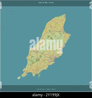 Île de Man dans la mer d'Irlande et canal de George, appartenant à l'île de Man, coupés en carré sur une carte topographique de style humanitaire OSM Banque D'Images