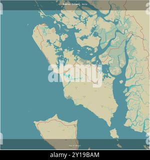 Île Ramree dans la baie du Bengale, appartenant au Myanmar, coupée en carré sur une carte topographique de style humanitaire OSM Banque D'Images