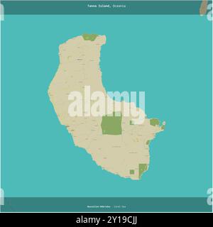 Île de Tanna dans la mer de Corail, appartenant à Vanuatu, coupée en carré sur une carte topographique de style humanitaire OSM Banque D'Images