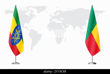 Drapeaux de l'Éthiopie et du Bénin pour la réunion officielle sur fond de carte du monde. Illustration de Vecteur