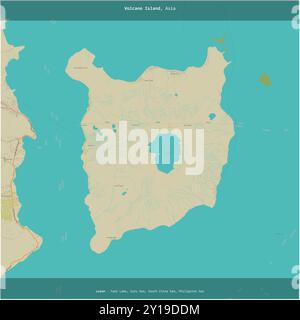 Volcano Island dans la mer de Sulu, appartenant aux Philippines, coupée en carré sur une carte topographique de style humanitaire OSM Banque D'Images
