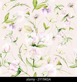 Fleurs de pois doux. Modèle sans couture de fleurs de pois parfumées à l'aquarelle et de papillons. L'illustration est dessinée à la main dans des couleurs pastel. Convient pour les conceptions de cartes, les textiles et le scrapbooking Banque D'Images