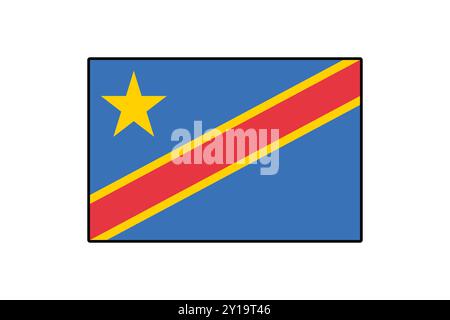 Le drapeau vectoriel présente un champ bleu avec une bande diagonale rouge bordée de jaune, surmontée d'une étoile à cinq branches. Ce dessin symbolise le patrimoine de la République démocratique du Congo. Illustration de Vecteur
