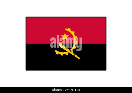 Le drapeau de l'Angola présente des bandes horizontales rouges et noires audacieuses avec un emblème jaune. L'emblème comprend une machette, un équipement et une étoile, symbolisant le patrimoine et la lutte du pays. Illustration de Vecteur