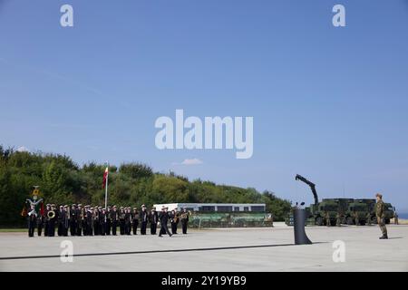 KIEL, ALLEMAGNE, 4 SEPTEMBRE 2024 : OLAF Scholz et Boris Pistorius assistent au lancement opérationnel du premier système de défense aérienne IRIS-T SLM de la Bundeswehr. Banque D'Images