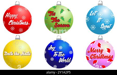 Ensemble de boules de Noël avec messages festifs et boules de Noël brillantes Illustration de Vecteur