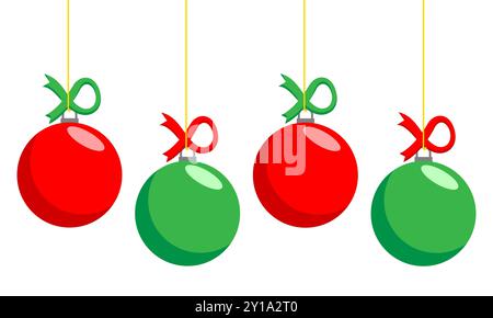 Boules de Noël vertes et rouges sur une ficelle avec un ruban isolé sur un fond blanc Illustration de Vecteur