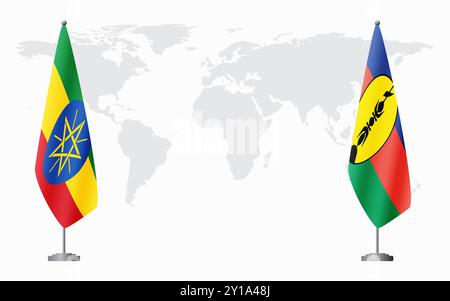 Drapeaux de l'Éthiopie et de la Nouvelle-Calédonie pour la réunion officielle sur fond de carte du monde. Illustration de Vecteur