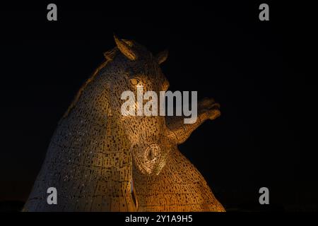 Attraction touristique écossaise emblématique, les sculptures de Kelpies au Helix, Grangemouth, Falkirk, Écosse, Royaume-Uni la nuit. Banque D'Images