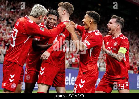 Danemark. 05th Sep, 2024. Le danois Patrick Dorgu marque 1-0 lors du match de l'UEFA Nations League opposant le Danemark et la Suisse à Parken à Copenhague le jeudi 5 septembre 2024. (Photo : Mads Claus Rasmussen/Ritzau Scanpix) crédit : Ritzau/Alamy Live News Banque D'Images