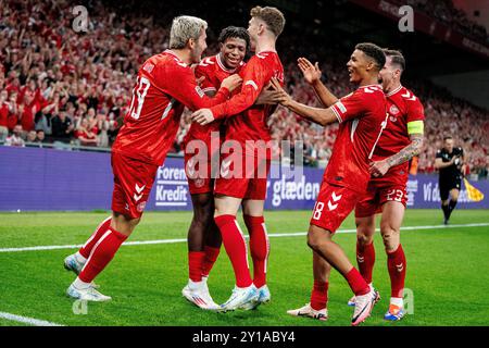 Danemark. 05th Sep, 2024. Le danois Patrick Dorgu marque 1-0 lors du match de l'UEFA Nations League opposant le Danemark et la Suisse à Parken à Copenhague le jeudi 5 septembre 2024. (Photo : Mads Claus Rasmussen/Ritzau Scanpix) crédit : Ritzau/Alamy Live News Banque D'Images