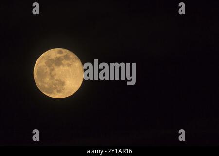 Blue Moon se levant le 31 mars 2018, image orientée paysage avec Lune isolée sur fond noir avec texte ou espace de copie Banque D'Images