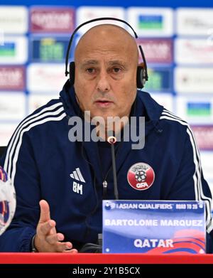 COUPE DU MONDE DE la FIFA 2026 -QATAR VS Emirats ARABES UNIS L'entraîneur-chef du Qatar Marquez Lopezassiste à une conférence de presse après la Coupe du monde de la FIFA 2026 AFC Asian Qualifiers 3ème tour groupe A entre le Qatar et les Emirats Arabes Unis à Ahmad Bin Ali StadiumÊin Al Rayyan, Qatar le 05 septembre 2024.les Emirats Arabes Unis ont gagné 3-1 DOHA Qatar Copyright : X.X Banque D'Images