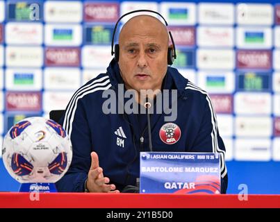 COUPE DU MONDE DE la FIFA 2026 -QATAR VS Emirats ARABES UNIS L'entraîneur-chef du Qatar Marquez Lopezassiste à une conférence de presse après la Coupe du monde de la FIFA 2026 AFC Asian Qualifiers 3ème tour groupe A entre le Qatar et les Emirats Arabes Unis à Ahmad Bin Ali StadiumÊin Al Rayyan, Qatar le 05 septembre 2024.les Emirats Arabes Unis ont gagné 3-1 DOHA Qatar Copyright : X.X Banque D'Images