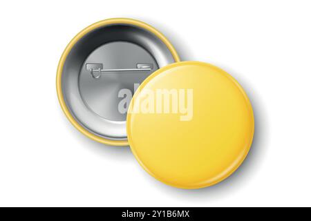 Vector 3d réaliste jaune vierge bouton rond badge en gros plan, isolé. Modèle de conception de badge d'identification, maquette. Modèle de conception pour Access Pass Illustration de Vecteur