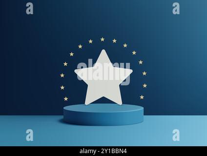 Podium bleu 3D avec étoile blanche entouré d'un anneau d'étoiles d'or, design minimaliste moderne pour les récompenses, les célébrations et les vitrines, scène élégante f Illustration de Vecteur