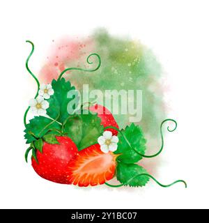 Fraises aquarelles vibrantes avec des feuilles et des fleurs, adaptées à l'été, à la nourriture et aux motifs sur le thème de la nature. Objet isolé sur fond blanc pour la conception d'un livret, flyer, e-pack, étiquette ou publicité. Art numérique dans le style aquarelle. Banque D'Images