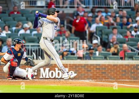 Marietta, GA, États-Unis. 5 septembre 2024. L'outfielder des Rockies du Colorado, Nolan Jones (22 ans), bat contre les Braves d'Atlanta à Truist Park à Marietta, en Géorgie. Les Rocheuses gagnent sur les Braves 3-1. (Crédit image : © Walter G. Arce Sr./ASP via ZUMA Press Wire) USAGE ÉDITORIAL SEULEMENT! Non destiné à UN USAGE commercial ! Banque D'Images