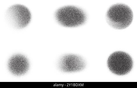 Formes de dégradé bruyantes. Poussière de peinture en aérosol granuleuse. Spots de cercle abstrait vectoriel stipple. Blobs noirs liquides avec texture sable. Ombre granuleuse Illustration de Vecteur