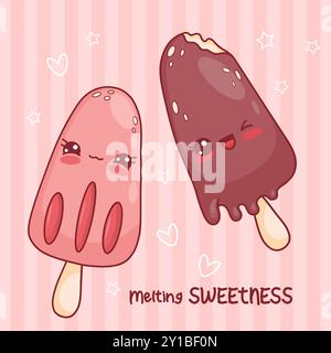 Fruits roses et crème glacée au chocolat sur bâton avec des gouttes. Doux couple. Personnages de dessins animés kawaii mignons isolés. Illustration vectorielle. Illustration de Vecteur