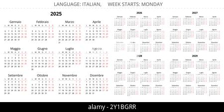 calendriers italiens 2025, 2026, 2027, 2028, 2029 ans. Ensemble d'illustration vectorielle imprimable pour l'Italie. Illustration de Vecteur