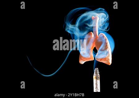 Poumons humains entourés de fumée bleue émise par une cigarette, symbolisant les effets néfastes du tabagisme sur la santé pulmonaire. Banque D'Images