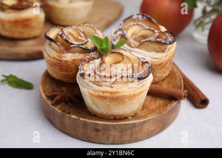 Roses de pomme fraîchement cuites avec menthe, cannelle et étoile d'anis sur la table lumineuse, gros plan Banque D'Images
