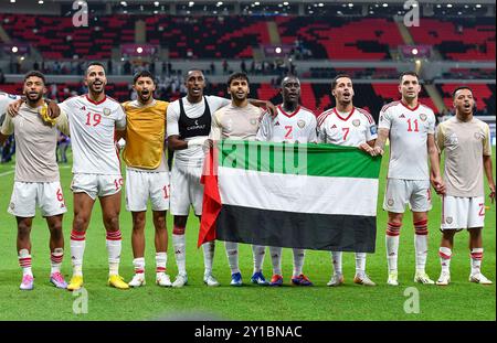 Al Rayyan, Qatar. 5 septembre 2024. Les membres des Émirats arabes Unis célèbrent après le Groupe Un match de qualification asiatique pour la Coupe du monde de la FIFA 2026 entre le Qatar et les Émirats arabes Unis à Al Rayyan, Qatar, le 5 septembre 2024. Crédit : Nikku/Xinhua/Alamy Live News Banque D'Images