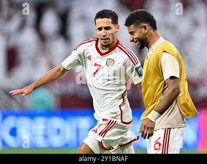 Al Rayyan, Qatar. 5 septembre 2024. Ali Saleh Amro (G), des Émirats arabes Unis, célèbre après avoir marqué pendant le Groupe Un match de qualification asiatique pour la Coupe du monde de la FIFA 2026 entre le Qatar et les Émirats arabes Unis à Al Rayyan, Qatar, le 5 septembre 2024. Crédit : Nikku/Xinhua/Alamy Live News Banque D'Images