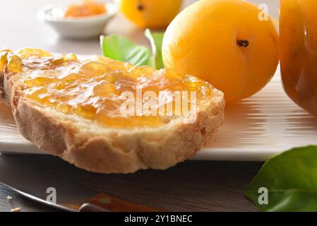 Détails de tranche de pain avec confiture de prunes sur plaque blanche sur table en bois avec des morceaux de fruits. Vue de face. Banque D'Images