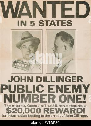 Affiche classique recherchée pour John Dillinger - public Enemy Number One! Récompense de 20 000 $ - Procureur général des États-Unis recherché dans 5 états, années 1930 Banque D'Images