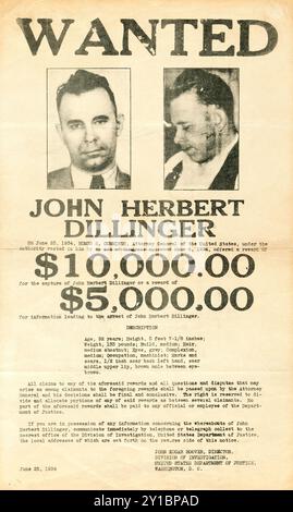 Affiche vintage recherchée, 10 000 dollars - John Dillinger (Ministère de la Justice, 1934) Banque D'Images