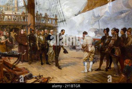 La, reddition, de Pedro de Valdés, à, Francis Drake, à bord du HMS Revenge, pendant l'attaque, de l'Armada espagnole, 1588, peinture à l'huile sur toile de John Seymour Lucas, 1889 Banque D'Images