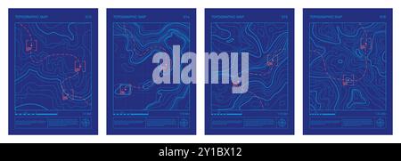 Plan topographique architectural plan de site, ensemble d'affiches de contour de relief. La ligne abstraite représente l'élévation du terrain avec un style artistique minimaliste Illustration de Vecteur