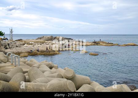 Sokcho, Corée du Sud - 28 juillet 2024 : une vue vers le nord depuis le Yeonggeum Sunrise Pavilion révèle des formations rocheuses accidentées et des tétrapodes le long de l'île Banque D'Images