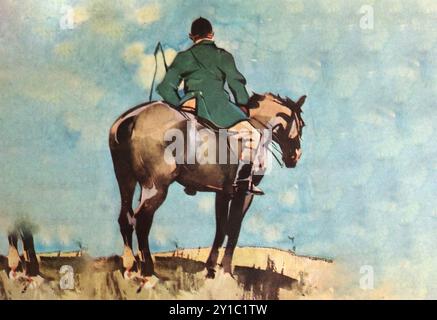 Illustration des années 1930 d'un chasseur sur son cheval. Traditionnellement, les chasseurs de paquets de beagle portent des manteaux verts, bien que ce ne soit pas une pratique universelle. Banque D'Images