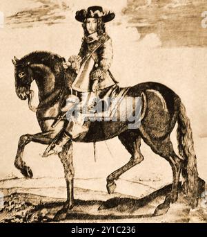 Un portrait précoce de Jacques, duc de Monmouth (1649 – 1685) à cheval. Il était un noble anglais et officier militaire, bien que né en Hollande. Initialement appelé James Crofts ou James Fitzroy également 1er duc de Buccleuch, KG, PC était le fils illégitime du roi Charles II d'Angleterre et Lucy Walter. Il est né à Rotterdam, en 1663, mais à l'âge de 14 ans, il est reconnu comme le fils du roi Charles II d'Angleterre et a été créé duc de Monmouth, comte de Doncaster, et baron Scott de Tynedale. Il est exécuté par décapitation à Tower Hill, Londres, le 15 juillet 1685. Banque D'Images