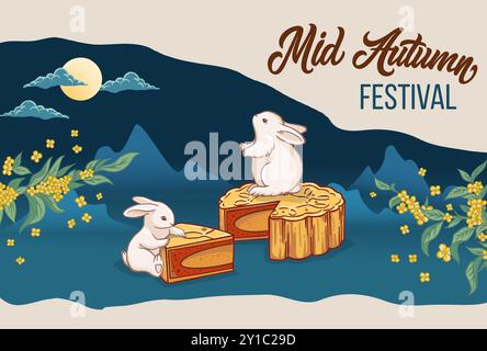 Illustration vectorielle de célébration du festival de mi-automne chinois, couple de lapin mignon mangeant des gâteaux de lune avec du thé regardant la pleine lune. Lapins blancs célébratin Illustration de Vecteur