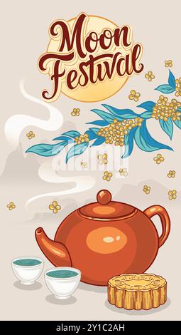Illustration vectorielle de célébration du festival de mi-automne chinois, couple de lapin mignon mangeant des gâteaux de lune avec du thé regardant la pleine lune. Lapins blancs célébratin Illustration de Vecteur