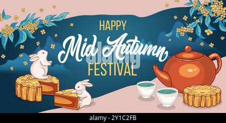 Affiche coréenne du festival de mi-automne, fond, carte de voeux, collection de vecteur de couverture de livre Mid Autumn Festival avec gâteau de lune et thé chinois. Illustration de Vecteur