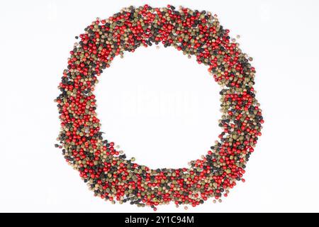 Cadre de différentes variétés de grains de poivre sur un fond blanc, vue de dessus, place pour le texte Banque D'Images
