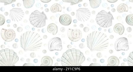 Modèle sans couture de coquillages de mer beiges, bulles et galets illustration aquarelle sur fond blanc. Clipart de palourdes d'océan dessiné à la main pour des conceptions nautiques et balnéaires dans des couleurs pastel monochromes Banque D'Images